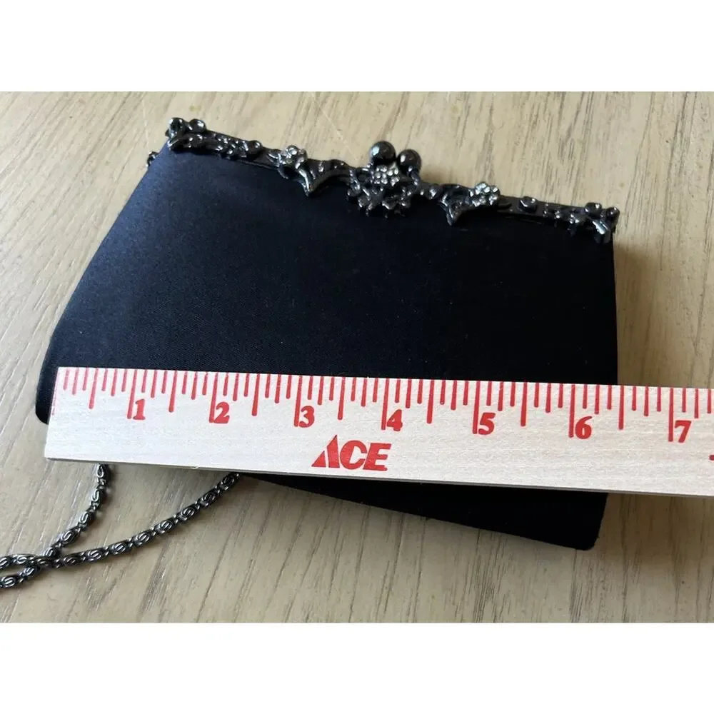 Jessica McClintock Black SatinPurse Chain Shoulder Strap KissLock Clutch Bag